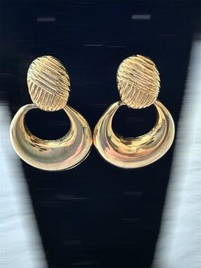 Gold Textured Oval Drop Earrings - Women Jewelry